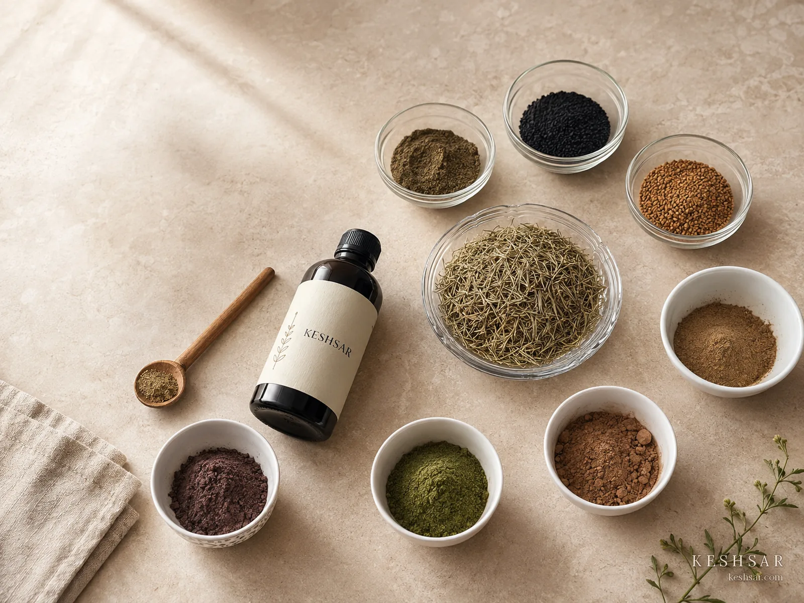 Botanicals arranged around a KESHSAR bottle