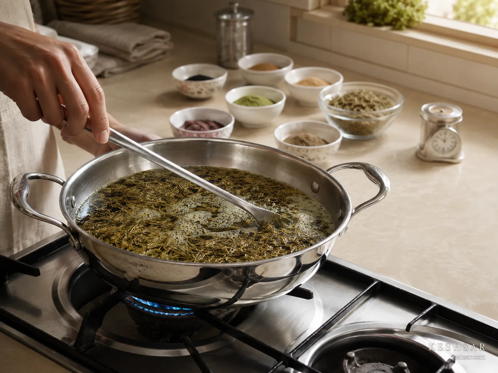 Botanicals infusing in a pan during preparation