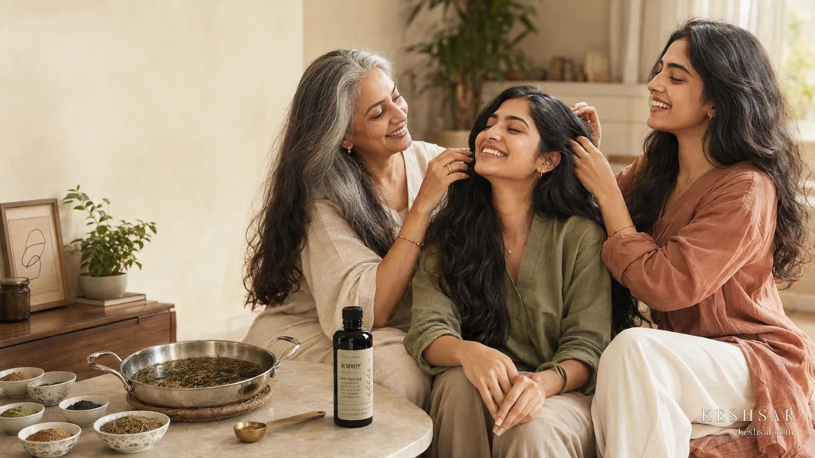 People sharing a gentle hair-oiling ritual